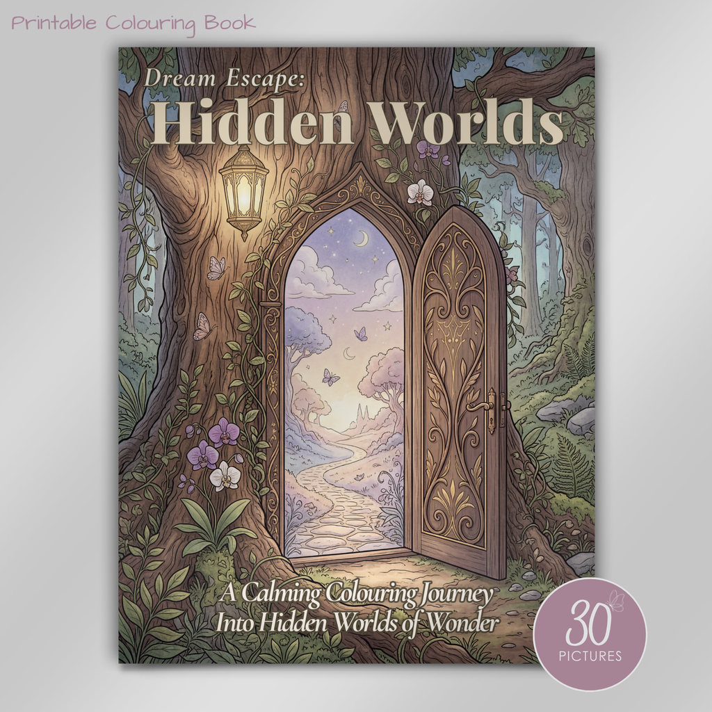 Printable Adult Colouring Book – Dream Escape: Hidden Worlds | 30 Relaxing Colouring Pages | Fantasy, Nature & Mindfulness Art | Instant Download PDF