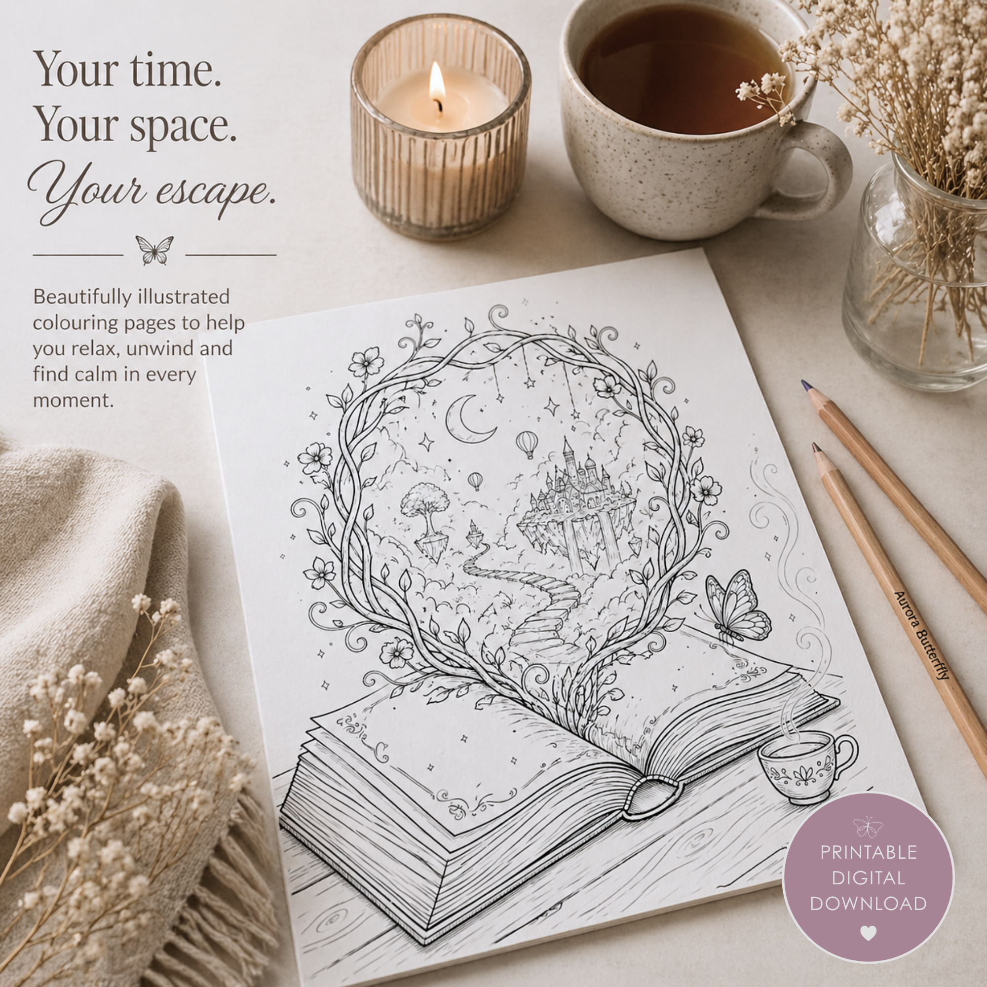 Printable Adult Colouring Book – Dream Escape: Hidden Worlds | 30 Relaxing Colouring Pages | Fantasy, Nature & Mindfulness Art | Instant Download PDF