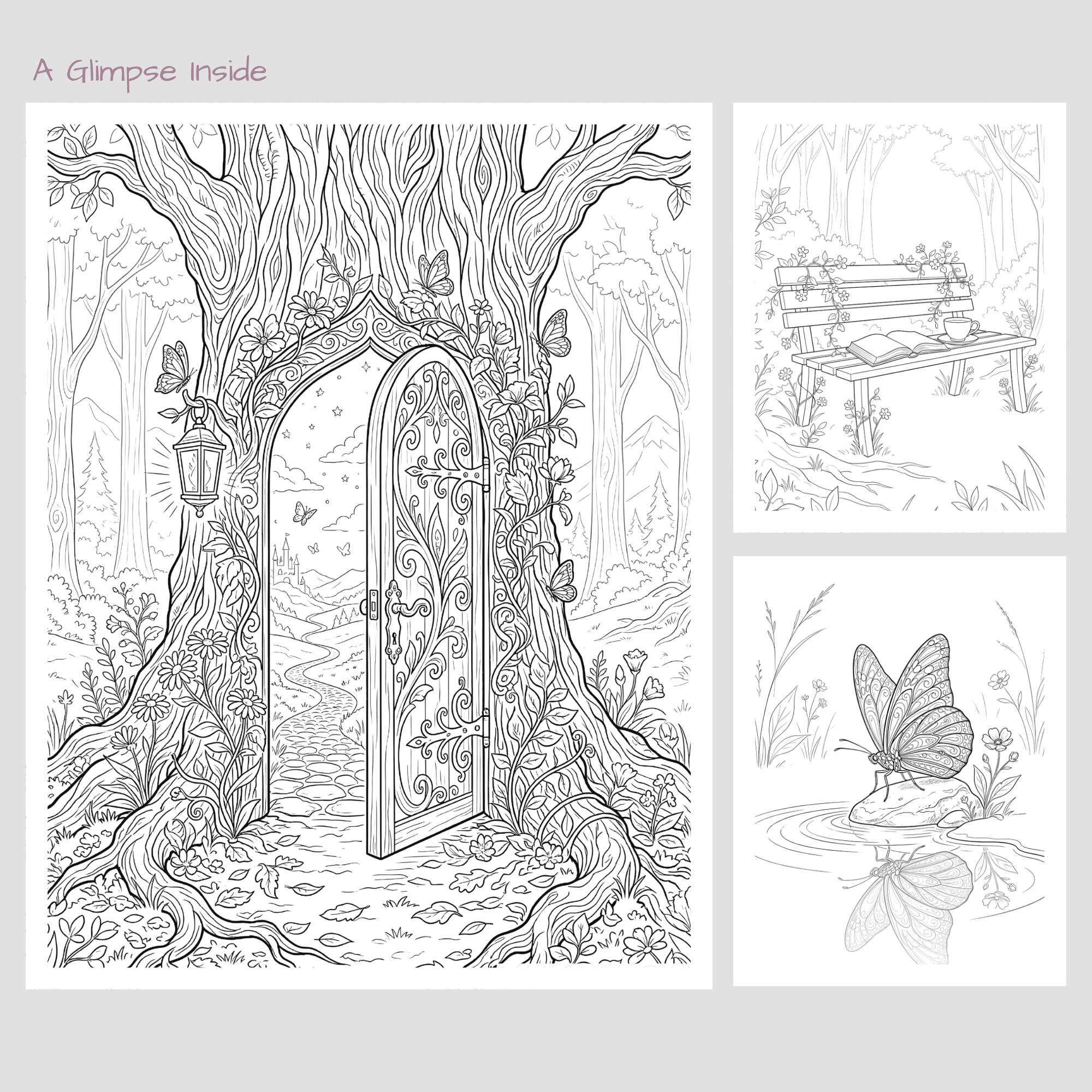 Free Printable Colouring Pages – Calm Escape Pack | 3 Adult Colouring Pages (Butterfly, Forest Bench, Hidden Door) | Instant Download