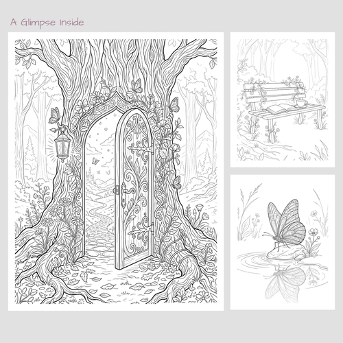 Free Printable Colouring Pages – Calm Escape Pack | 3 Adult Colouring Pages (Butterfly, Forest Bench, Hidden Door) | Instant Download