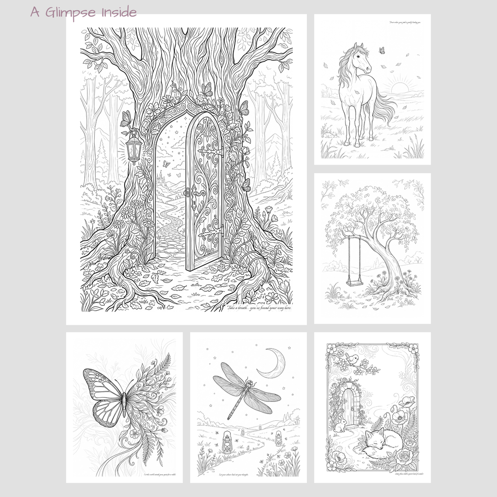 Printable Adult Colouring Book – Dream Escape: Hidden Worlds | 30 Relaxing Colouring Pages | Fantasy, Nature & Mindfulness Art | Instant Download PDF