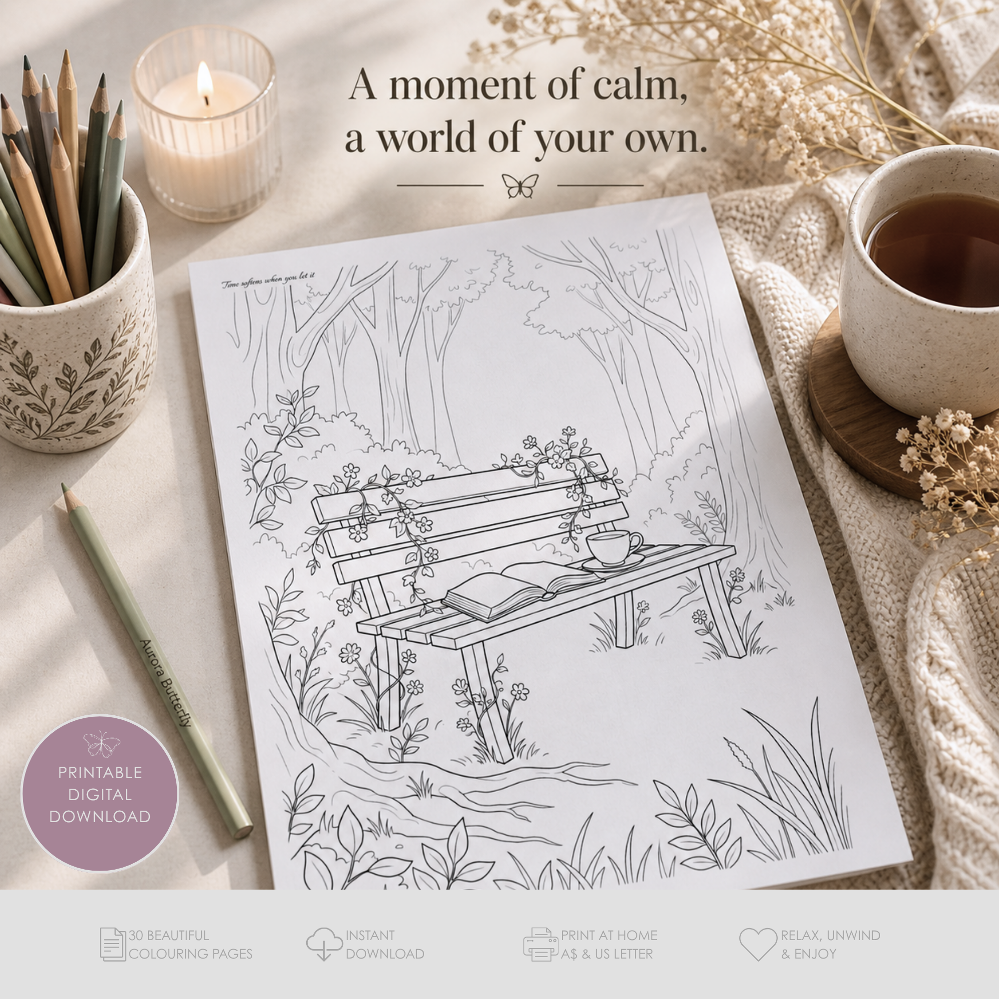 Printable Adult Colouring Book – Dream Escape: Hidden Worlds | 30 Relaxing Colouring Pages | Fantasy, Nature & Mindfulness Art | Instant Download PDF