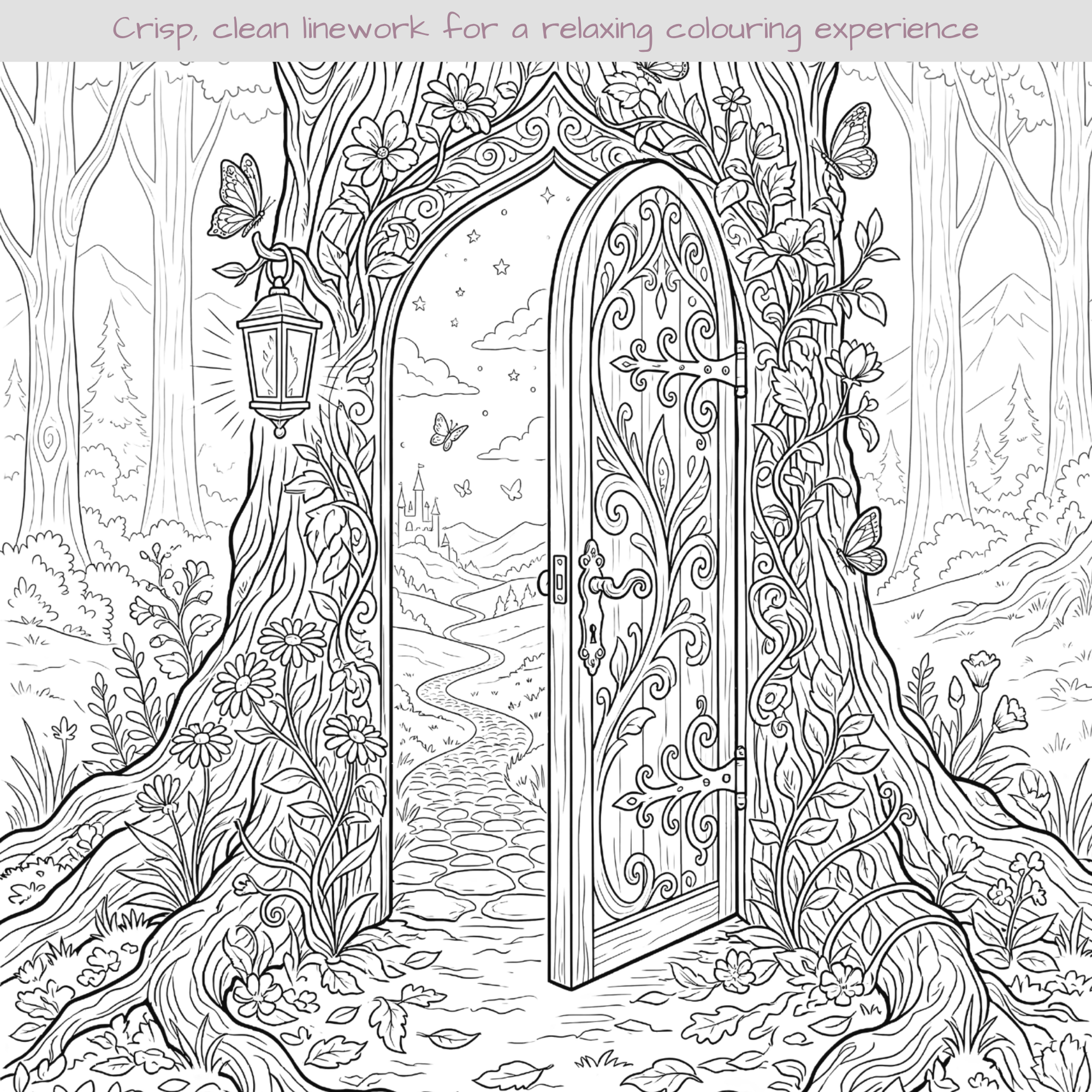 Free Printable Colouring Pages – Calm Escape Pack | 3 Adult Colouring Pages (Butterfly, Forest Bench, Hidden Door) | Instant Download